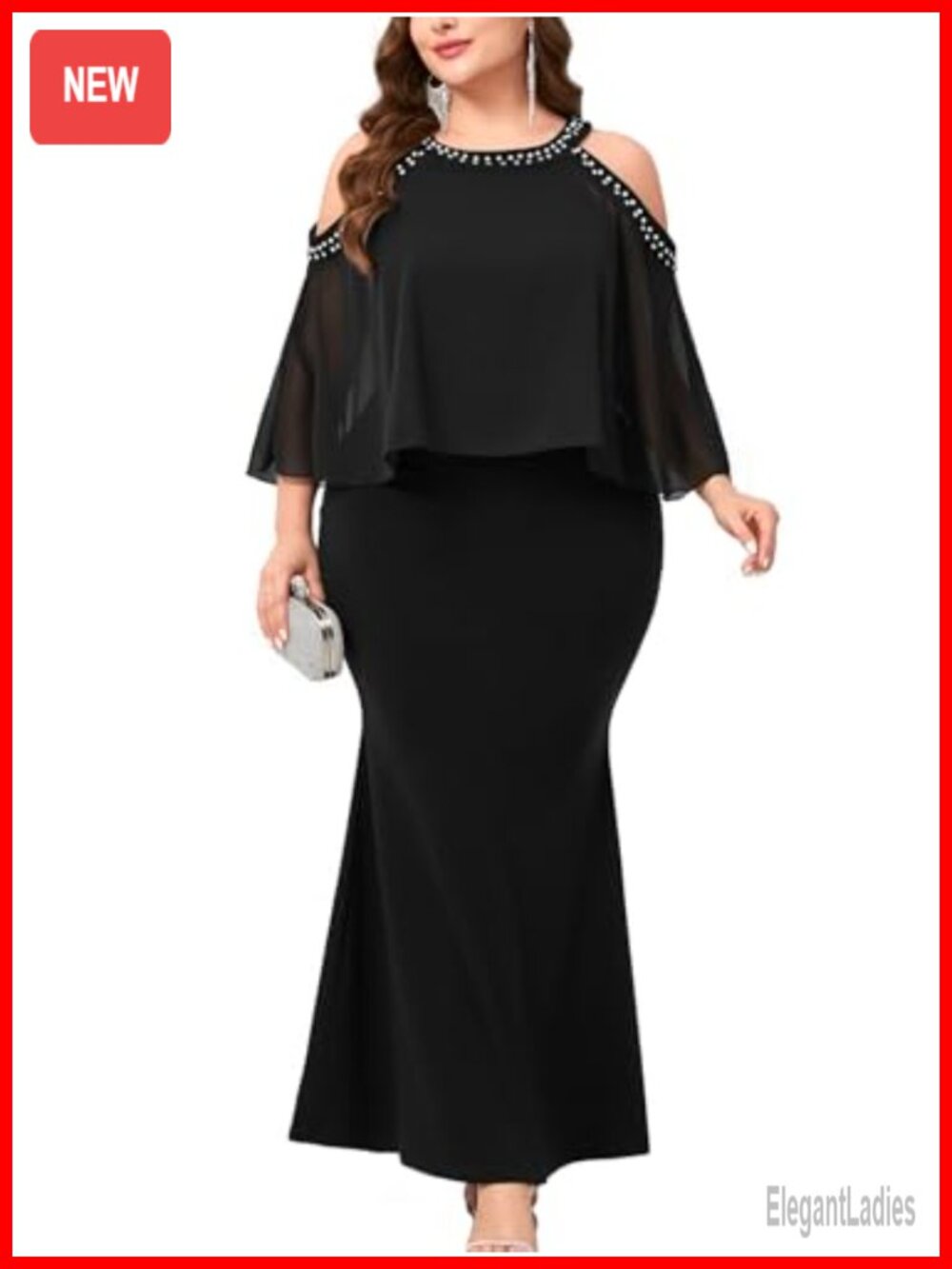ZOMVA Plus Size Mermaid Evening Gown Cold Shoulder Beaded Chiffon Formal Dress